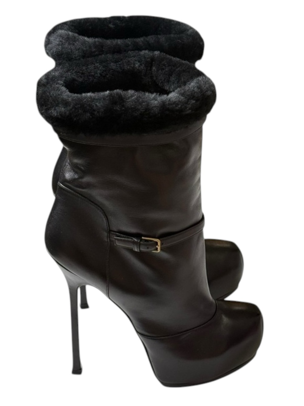 new Yves Saint Laurent ♔ Tribtoo 105 Platform Boots ♔ Black Leather Fur ♔ 11.5M - Picture 3 of 16